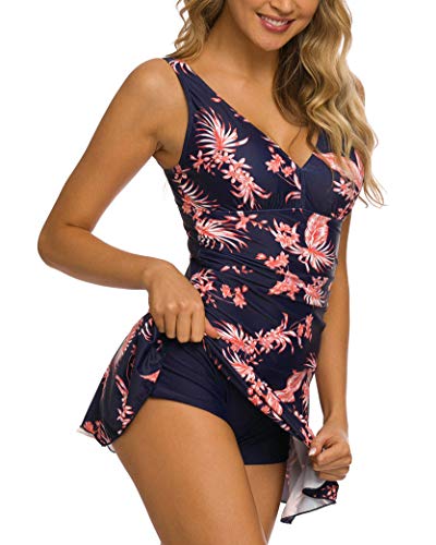 Coskaka Women's One Piece Skirt Swimwear Ruched Retro Swimming Dress Tummy Control Bathing Suit Navy Flower M #TOP3