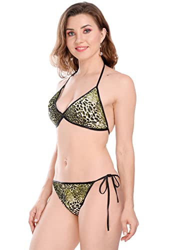 Image of Satin Animal Print Embellished Bikini Bra & Panty Lingerie Set for Women & Girls, Fits Well for Plus Size.