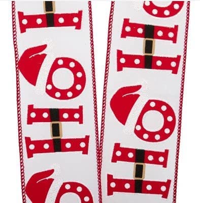 Image of White Ho-Ho-Ho Wired Christmas Ribbon - 2 1 /2 inch x 10 Yards, Glitter, Santa Hat & Belt, Wreath, Gift Wrap, Garland, Tree Topper Bow, DIY, Winter Decor