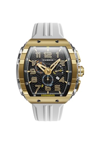 Nubeo Men's 49mm Magellan Retrograde Chronograph White Gold Watch with Rubber Strap NB-6088-06