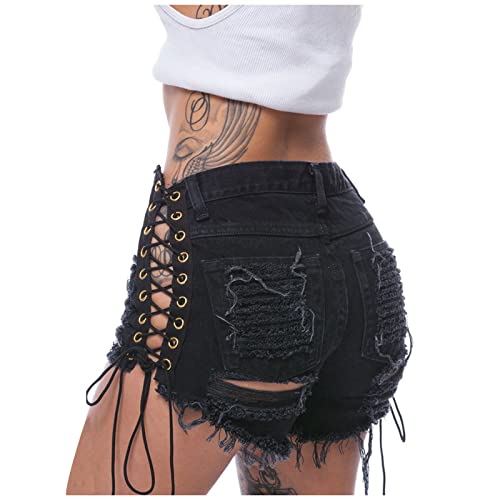 Women Sexy Cut Off Lace up Ripped Hole Low Waist Denim Shorts Mini Hot Pants 5
