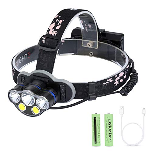 Linterna Frontal Faros LED Recargables Luces Super Brillantes de 6000 Lúmenes Linterna Frontal de Aleación de Aluminio Super Resistente al Agua Distancia de Iluminación de 500 Metros - Negro