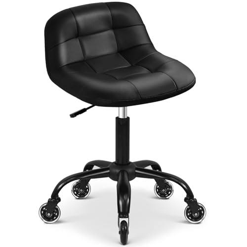 FreekyFit Rolling Shop Stool with Wheels, Rolling Short Stool with Back Support, 360° Swivel Garage Chair, Height Adjustable Chair 330lb Heavy Duty for Spa Salon Massage Home Office Tattoo (Black)