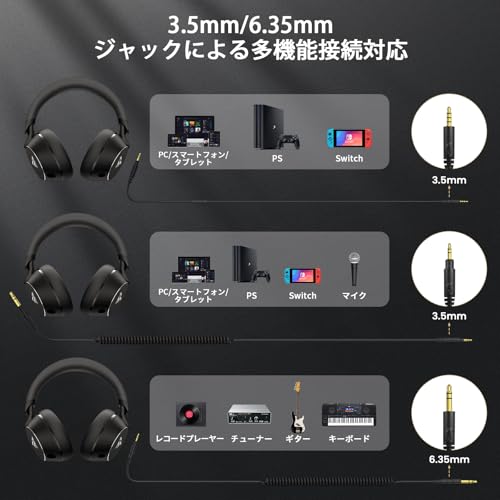 DOQAUS(ドカアス) ヘッドホン 有線 マイク付き 50mm ドライバー モニターヘッドホン 3.5mm/6.35mm両対応 密閉型 音楽シェア機能 耳に優しい 音楽制作/DJ/ゲーム/ギター/楽器練習用 折りたたみ式 ケーブル2本付き HANDY1 (ブラック)