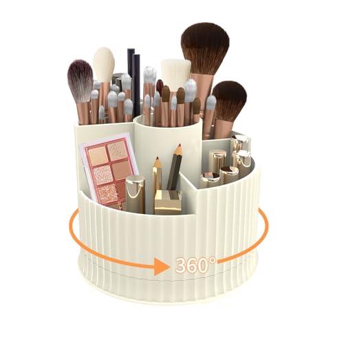 KDYNIX 360° Rotating Makeup Brush Holder Organizer, 5 Slot Make up Brushes Cup for Cosmetics, Nail Polish, Art Supply, Skincare, Perfume, Bathroom Vanity Desktop Organizer - Creamy white