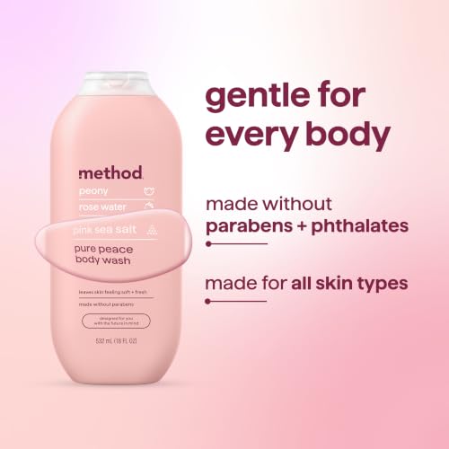 Image of method Body Wash, Pure Peace, 18 fl oz | Soothing Formula, Leaves Skin Feeling Soft & Moisturized, Made Without Parabens, Notes of Peony, Rose Water & Pink Sea Salt
