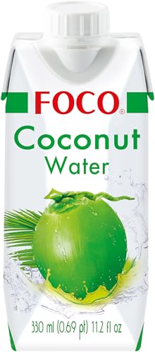 FOCO Kokoswasser, pur, erfrischender Durstlöscher, Sportgetränk, kalorienarm, von Natur aus vegan, 100 % Kokosnusswasser - 12 x 330 ml