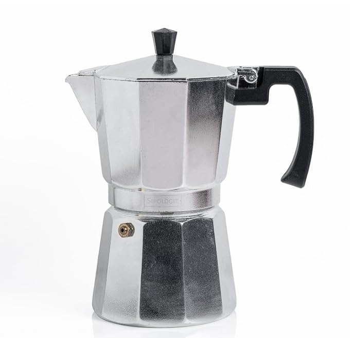 Image of Sipologie Roma Moka Pot Espresso Maker, 360ml, Classic Italian Brewing for Flavourful & Strong Coffee, Premium Grade Aluminium Stovetop Percolator, Silver