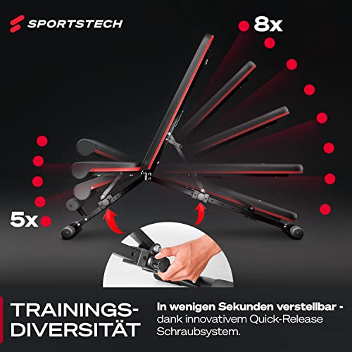 Sportstech Hantelbank Klappbar für Zuhause, 40in1 Schrägbank & Flachbank mit Bankdrücken, Rückentrainer, bench press, Deutsche Qualitätsmarke, sicheres Verstellsystem, BRT400, Vergleichssieger – Bild 6