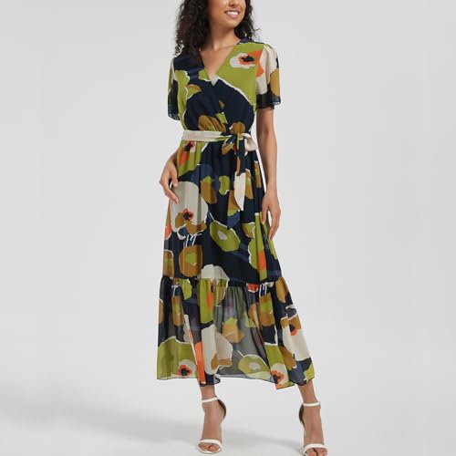 Image of Women's Summer Bohemian Floral Chiffon Dress Cap Sleeve V Neck Ruffle Long Flowy Boho Casual Vacation Dresses