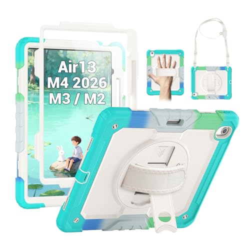 Image of SEYMAC for iPad Air 13 Inch Case M4 / M3 / M2 (2026 /2025 / 2024), Heavy Duty Shockproof Protective Case with Screen Protector, 360 Rotating Stand, Hand /Shoulder Strap and Pen Holder, Colorful Blue