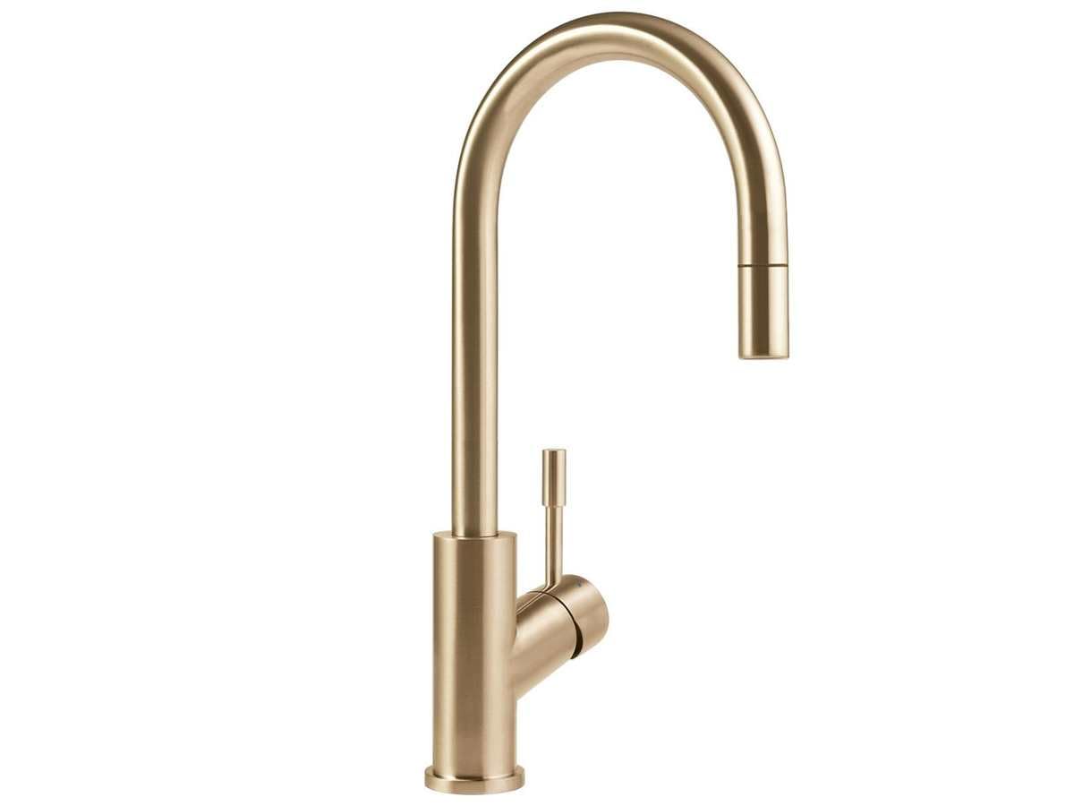 Villeroy & Boch Umbrella Flex grifería de cocina, alta presión, grifo de cocina con rociador extraíble y radio de giro de 360°, grifo de fregadero de bajo consumo, altura del caño 220 mm, dorado