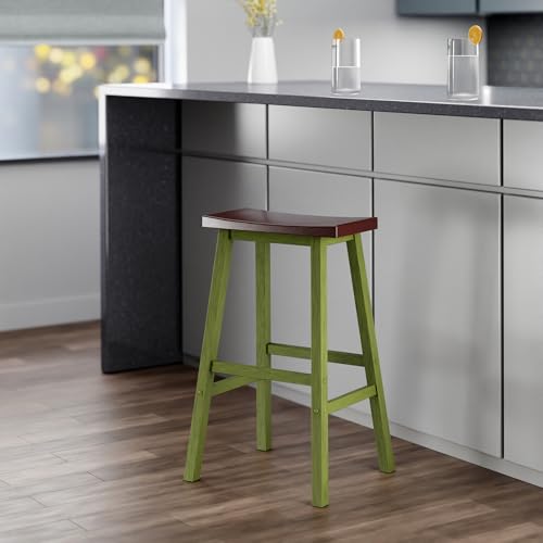 Image of Winsome Satori Saddle Seat 29in Bar Stool, Rustic Green and Walnut
