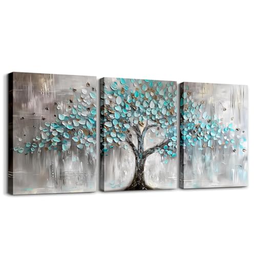Homewish Tree of Life Canvas Wall Art for Living Room,Teal Blue Gray Abstract Picture Prints for Bedroom Office Home Decoration Modern Nature Landscape Painting Artwork