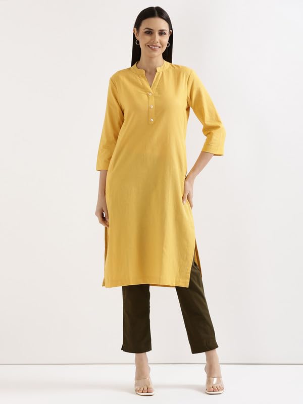 Image of SAADAA Women's Linen Straight Fit Straight Long Kurta Airy Plain Kurta, 3 /4 Sleeve, Knee Length Kurtis with Pockets, Casual and Office Wear