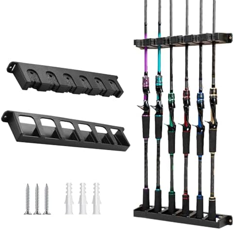 Tcakelox Fishing Rod Holder for Garage Fishing Pole Holders Fishing Rod Rack Vertical Wall-Mounted for Garage Stores 6 Rods or Combos Fits Most Rod Diameters (Vertical Black, 1 Pair)