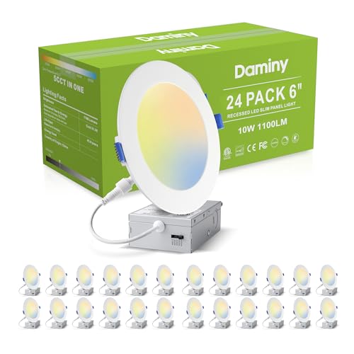 DAMINY 24 Pack 6 Inch LED Recessed Lighting with Junction Box,5CCT,Ultra-Thin Recessed Light,10W 1100lm, Dimmable Canless Wafer Ceiling Light, High Brightness - ETL