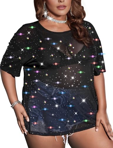 Buauty Plus Size Glitter Sheer Mesh Tops for Women Summer Black See Through T Shirt 2025 Sparkly Sexy Country Concert Outfits2
