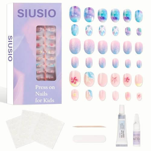 Image of SIUSIO 3Pack Children Acrylic Fake Nails, 72pcs Press on Full Cover Glitter Gradient Color Short Almond False Nail Art Kits Set with Sticker Tabs Nail Glue Gel for Kids Little Girls - Summer Ocean
