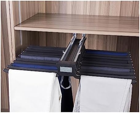 引き込み式クローゼット引き出しロッド - 省スペースズボンラック、ダンピングダブルレール、トップマウント衣類オーガナイザー、ブラック