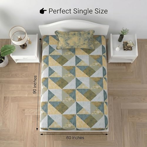 Image of Mafatlal Cotton Single Bedsheet Combo Pack of 2 with Pillow Covers | Soft Printed Bed Sheets for Daily Use | Breathable Bedding Set | Green & Violet
