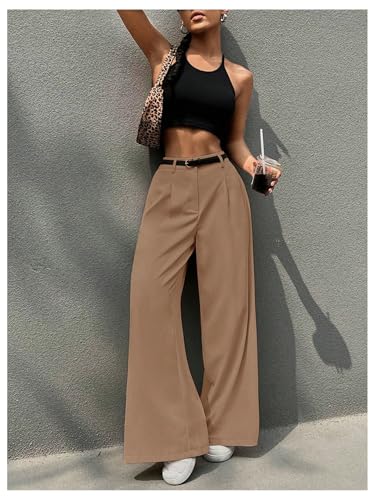 SweatyRocks Women's High Waist Work Pants Dressy Casual Wide Leg Flowy Trousers Khaki X-Small4