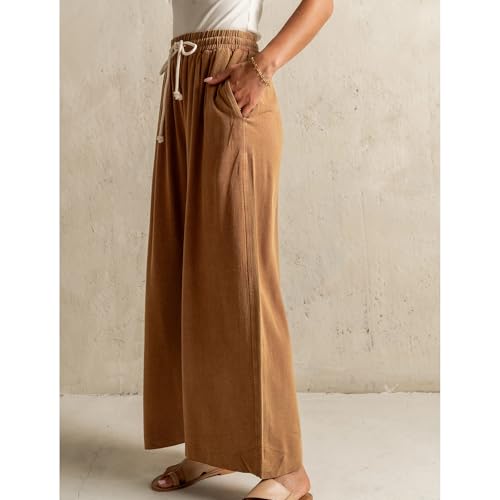 Casual Linen Pants Women Wide Leg Drawstring Waist Baggy Palazzo Trousers Long Lounge Pant with Side Pockets4