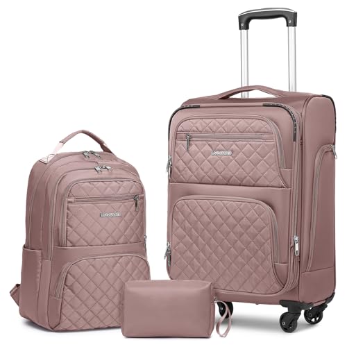 LARVENDER 3 Piece Luggage Set with Spinner Wheels - Expandable Softside 20 Inch Carry On Suitcase 22x14x9 Airline Approved TSA Lock Pink