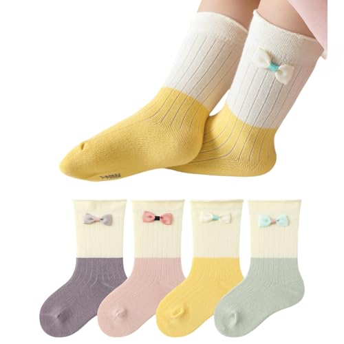 4 Pairs Toddler Baby Girl Kids Socks, Cute Bow Soft Cotton Crew Socks, 0~5T