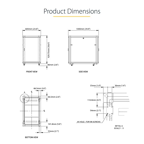 Image of StarTech 18U Enterprise-Grade Server Rack Cabinet, 19in Enclosed 4-Post Rack with 33in (83cm) Mounting Depth and 1764lb (800kg) Weight Capacity | 19in enclosed enterprise steel rack, Adjustable depth 5.7in-33in, Lockable vented doors, Casters & feet