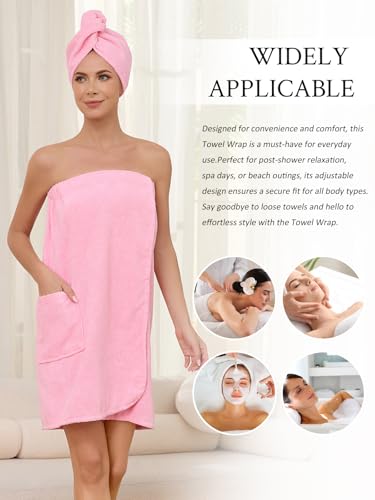 Image of Air Curvey Soft Wrap Towel for Women Lightweight Spa Body Wrap Shower Wrap Robe Adjustable Closure Bathrobe with Pocket Pink S /M