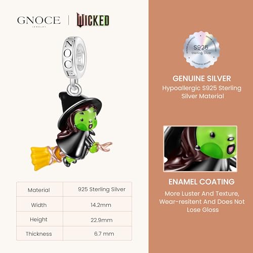 GNOCE Wicked Elphaba on Broom Flying Pendant Dangle Charm Bracelet for Women, S925 Sterling Silver Dangle Charms for Women Wife, Valentine‘s Day, Mother’s Day Jewelry2