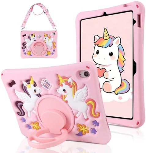 WESADN for iPad A16 Case 11th Generation 11 Inch 2025, for iPad 10th Generation Case 10.9 Inch 2022 Girls Kids Women Cute Cartoon Unicorn Tablet Cover with Shoulder Strap Rotating Stand Handle,Pink