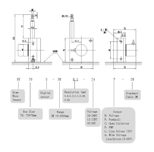 Sensor de desplazamiento tipo codificador de cable de tracción HY78S-3000 mm lineal 5