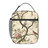 Plistiz Vintage Bird and Floral Insulated Lunch Box for Kids Boys Girls, Lunch Box, Birds Reusable Lunch Bag for School, Office, Work, Picnic, Travel