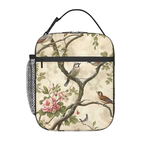 Plistiz Vintage Bird and Floral Insulated Lunch Box for Kids Boys Girls, Lunch Box, Birds Reusable Lunch Bag for School, Office, Work, Picnic, Travel