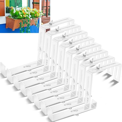 Leinuosen 8 Pcs Adjustable Window Boxes Brackets Planter Box Bracket Heavy Duty Deck Railing Hanging Flower Stand for Windowsill Garden Fence Balcony (White)