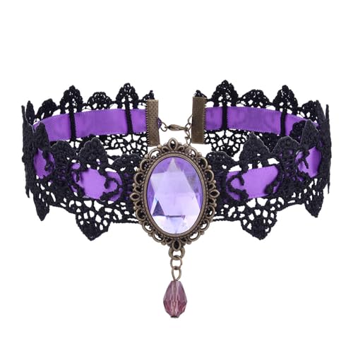 Atiptu Gothic Lace Choker Necklace for Women Black Lace Choker Necklace Vintage Red Crystal Pendant Necklaces Vampire Necklaces Halloween Costume Accessories (Purple)