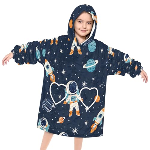 Wearable Blanket Hoodie for Kids, Creative Astronaut Rocket Fleece Sweatshirt Blanket Oversized Blanket Sweatshirt with Pocket Flannel Warm Hooded Blanket 6-10 Year Old Girl Boy Gift, One Size