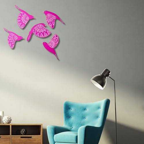 Image of DAKSHESTRY ARTWORKS Wooden 3D 5 Pieces Birds for Wall Art Panel | Wood Bird Folk Art Wall Hanging Art Decoration Item for Living Room, Bedroom, Drawing Room, Dining Room & Office (PINK) Pack of 1