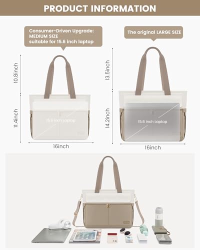 Image of LOVEVOOK Upgrade Version Work Bags for Women 15.6 Inch Laptop Bag Large Capacity Mutiple Pockets Teacher Bag Water Resistant Canvas Tote Bag Purse for Office Travel College Nurse Teacher, Khaki Beige