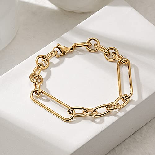 Wistic Lauren Paperclip Bolo Bracelet Layered Stacked Paper-Clip Link For Women Adjustable Lobster Clasp Gold Plated Stainless Steel Link Charm Chain Lauren Bracelet, 7.5 Inches #TOP4