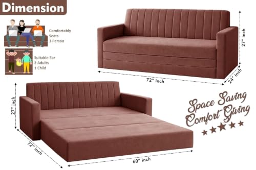 Image of Rosebell Foldable 3-Seater Sofa-Cum-Bed | 3-in-One Convertible Couch with Armrest | Modern Fabric Sofa for Living Room, & Office-Brown