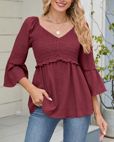 Womens Ruffle 3/4 Sleeve Babydoll Tops V Neck Peplum Blouse Smocked Loose Fit Tunic Top Bell Sleeve Dressy Tee Shirts2