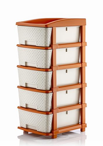 Image of HORPIN 5-Layer & Plastic Drawer Storage Organiser | Modular Kitchen & Toy Organizer For Kids Room | Home, Office, Parlor, School, Doctors, Home And Kids | Brown & White (5XL Set)