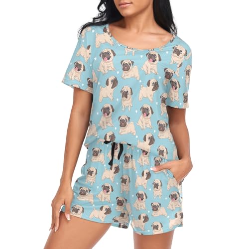 Oarencol Women's Pajama Set Funny Pugs Dog Short Sleeve Sleepwear Puppies Blue Soft Pjs Lounge Sets with Pockets S-XXL