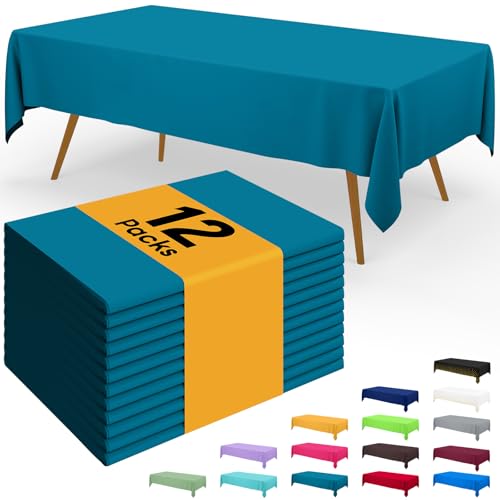 Image of Smiry Disposable Table Cloth - 12 Pack, 54 x 108 Inch Waterproof Rectangle Tablecloths for Parties, Decorative Plastic Table Cover, Leakproof & Sturdy, Aqua