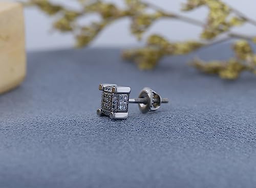 Dazzlingrock Collection 0.12 Carat (ctw) Round Blue Diamond Hip Hop Cube Mens Stud Earring (1Pc Only) in Black Plated 925 Sterling Silver in Screw Back3