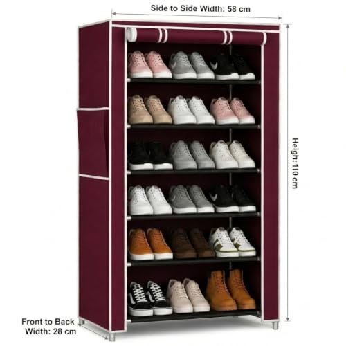 Image of EASY BUY Economy Shoe Rack for Home with Cover Maroon, Plastic Rack 6 Shelves with Zip Door Cover & Side Pocket, Dustproof Storage Organizer for Footwear, Toy, Shoe Rack Plastic, Slipper Stand