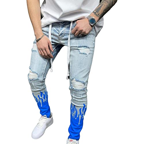 Maiyifu-GJ Men's Ripped Multi Pockets Jeans Slim Fit Skinny Stretch Jean Pant Washed Distressed Biker Denim Pencil Pants (Blue 2,XX-Large)
